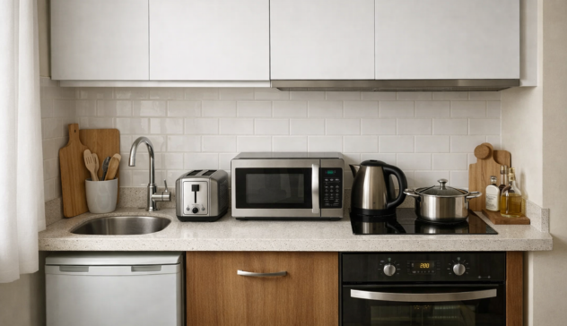 A compact one-wall kitchen showing limited countertop space with careful appliance placement for usability.