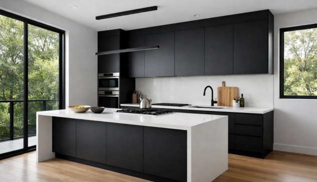 matte black kitchen cabinets with light countertop modern high contrast design