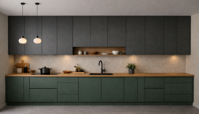 Modern modular kitchen featuring matte finish cabinets with soft textures, muted colors, and a contemporary minimalist interior.