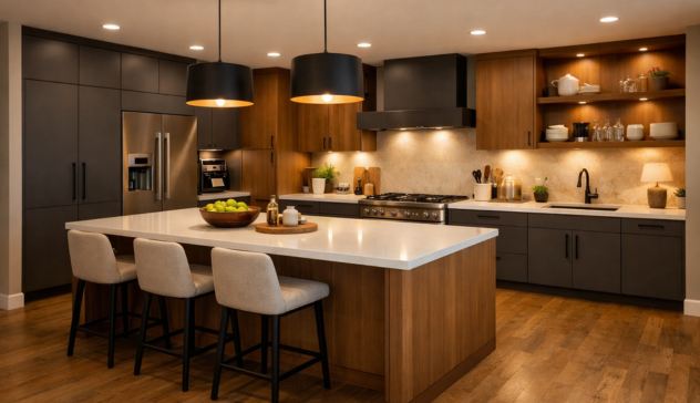 Spacious modular kitchen with matte finish cabinets creating a warm, balanced, and elegant atmosphere.