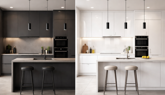 Side-by-side comparison of matte finish and glossy finish modular kitchen cabinets showing texture, light reflection, and modern kitchen design styles.