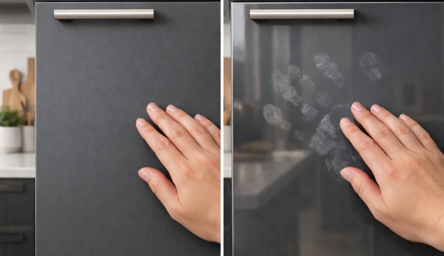Side-by-side view showing matte cabinets hiding fingerprints and glossy cabinets showing smudges after use.
