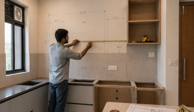 Person measuring kitchen dimensions with tape measure marking walls, doors, and electrical points
