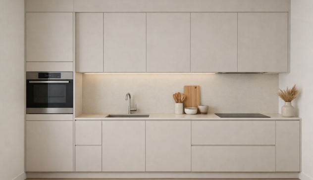 Minimalist Small Kitchen With Purposeful Design A clean, minimal kitchen with flat cabinets, hidden handles, and integrated appliances.