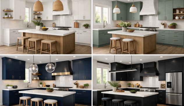 modern kitchen showcasing popular cabinet color trends 2026 warm white navy sage wood