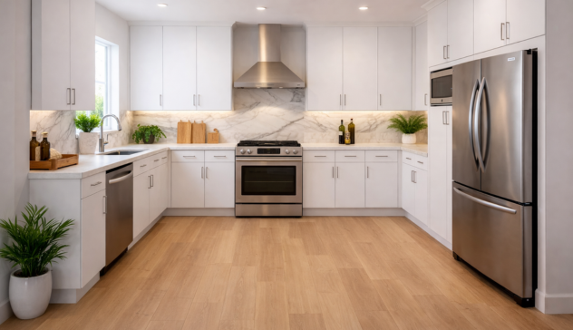 Open-concept modern kitchen showing a subtle triangle path between fridge, sink, and cooktop for smoother workflow.