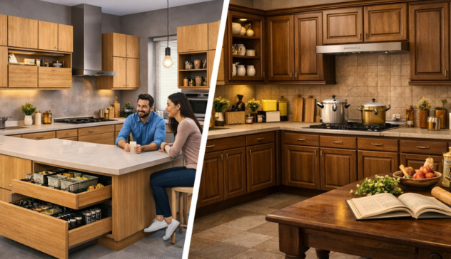 Side-by-side comparison showing the difference between modular and traditional kitchen designs.