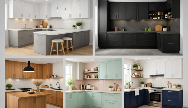 Contemporary kitchen with two-tone cabinets, matte finishes, and modern color palette.