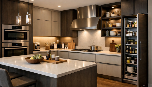 Modern modular kitchen design featuring sleek cabinets, smart storage, and contemporary appliances in a stylish home