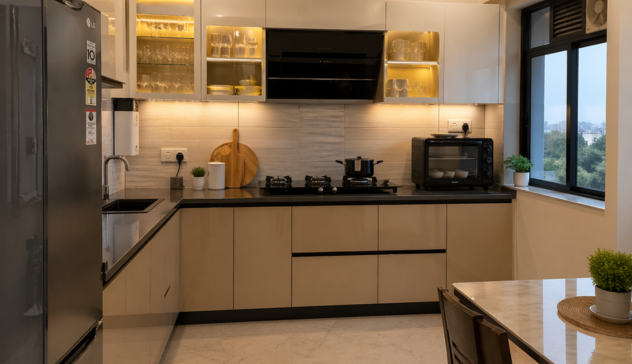 Modern modular kitchen design in an Indian apartment with L-shaped layout, storage units, and built-in appliances