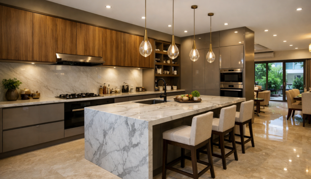 Open modular kitchen with a central island providing extra countertop space and storage.