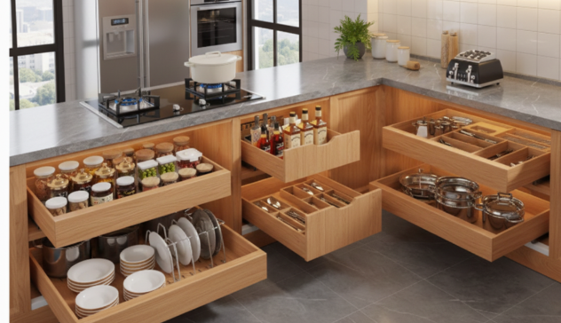 Modular Kitchen Cabinets for Flexible Layouts Modular kitchen cabinetry offering adjustable shelves, pull-out drawers, and flexible storage for efficient kitchen organization.
