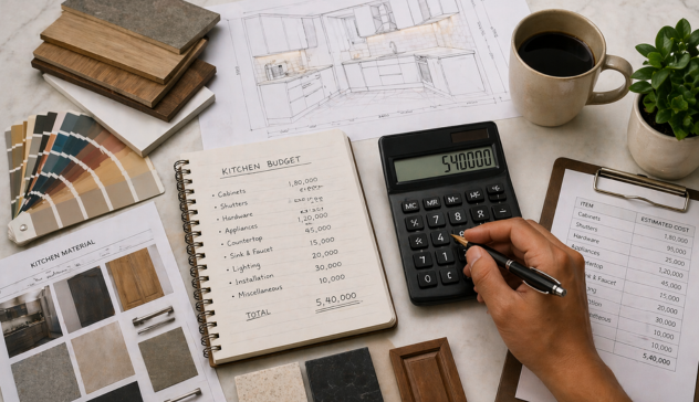 Kitchen cost planning with calculator, notes, and material samples for modular kitchen budgeting