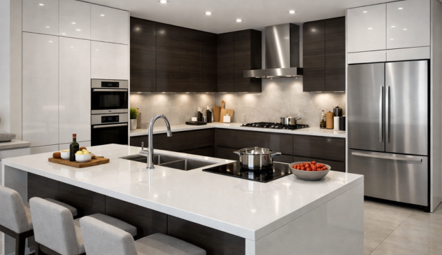 modular kitchen cabinets installed with modern finish and soft close drawers