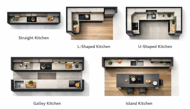 Modular Kitchen Layouts for Small and Large Homes Optimized kitchen layouts including L-shaped, U-shaped, galley, and island modular kitchens.