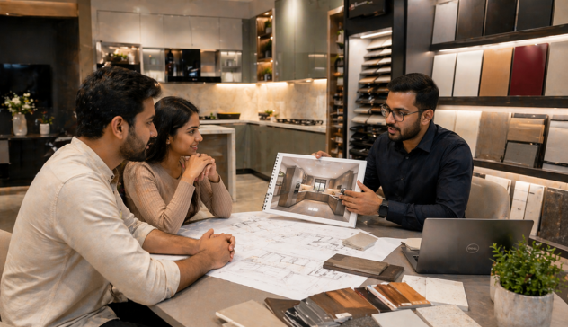 Customer discussing modular kitchen design with showroom expert reviewing materials and plans