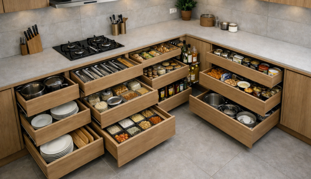 Modern modular kitchen with deep drawers, cutlery organizers, bottle pull-outs, and soft-close cabinets for clutter-free storage and better workflow.