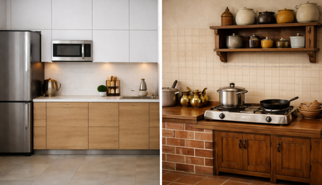Side-by-side comparison showing the difference between modular and traditional kitchen designs.