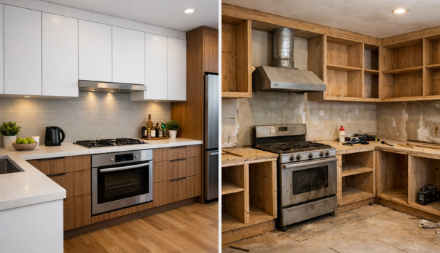 comparison of modular kitchen and carpenter built kitchen layout and finish
