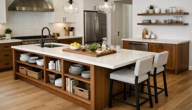 Kitchen island used for prep, seating, and storage in one layout.