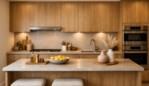 natural wood kitchen cabinets oak finish warm cozy modern kitchen