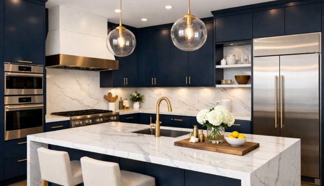 navy blue kitchen cabinets with brass handles white countertop modern design