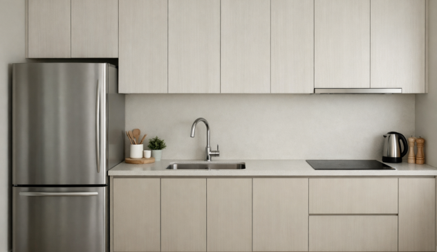 A clean linear kitchen showing refrigerator, sink, and cooktop aligned on one wall with continuous countertop space.