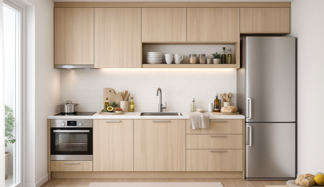 One-Wall Kitchen Layout for Small Apartments A clean one-wall kitchen layout with the sink, stove, and refrigerator aligned in a single straight line. Ideal for compact apartments and studio homes, this layout keeps everything within easy reach and supports quick, simple meal preparation without wasted movement.