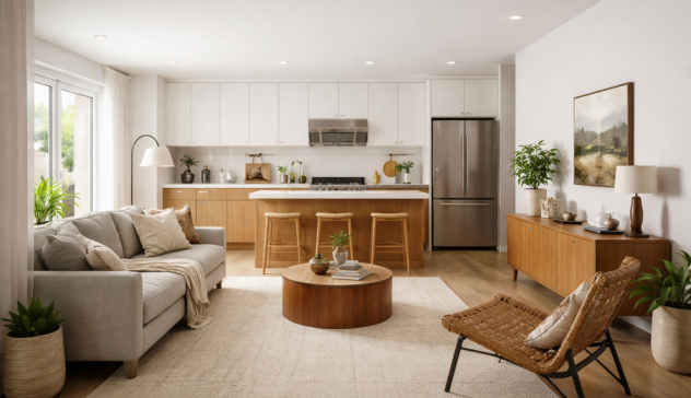 A bright small home kitchen with a one-wall layout, modern flat-panel cabinets, compact appliances, and an open living area.