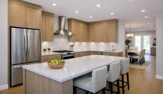 Island kitchen where sink or cooktop is on the island and triangle still stays balanced.