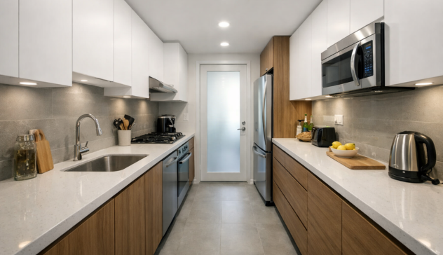 Compact parallel modular kitchen with cabinets and countertops on both sides.