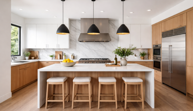 Modern kitchen island designed for functionality, seating, and storage.