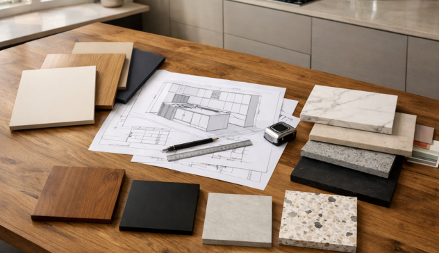 Homeowner reviewing modular kitchen layout plans and cabinet samples.