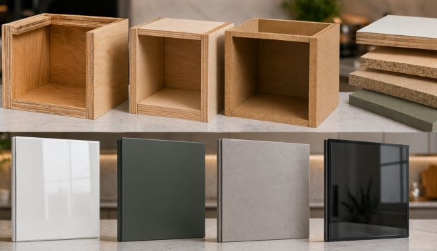 Close-up of different cabinet materials including plywood, laminate, and MDF used in modular kitchens
