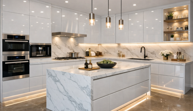 Luxury kitchen with glossy acrylic cabinets and modern lighting