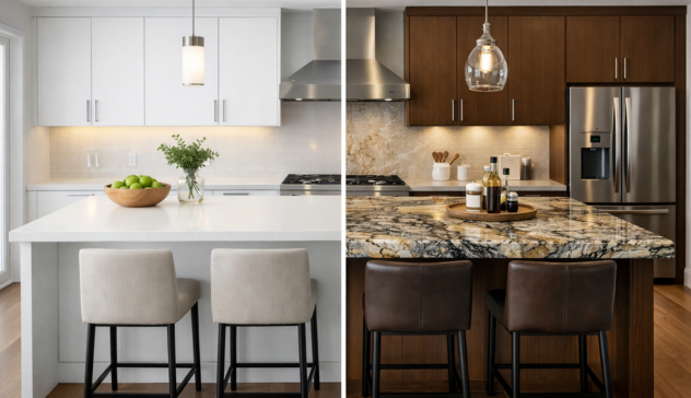 modern kitchen showing quartz countertop vs granite countertop comparison with cabinets and island