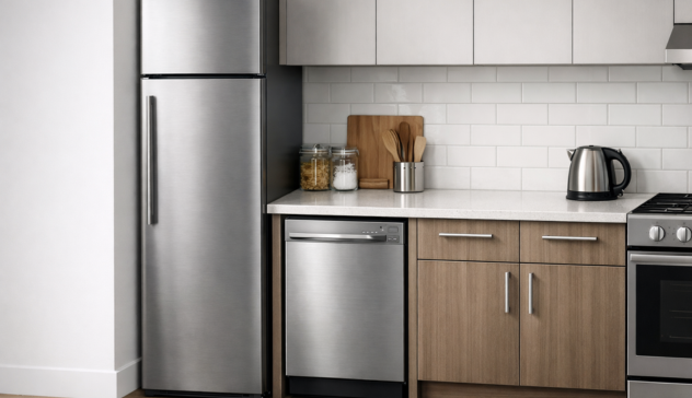 Slim Kitchen Appliances for Apartments Narrow refrigerator and compact dishwasher installed in a small kitchen.