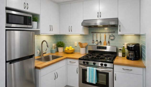 Compact L-shaped or galley kitchen showing triangle placement without crowding.