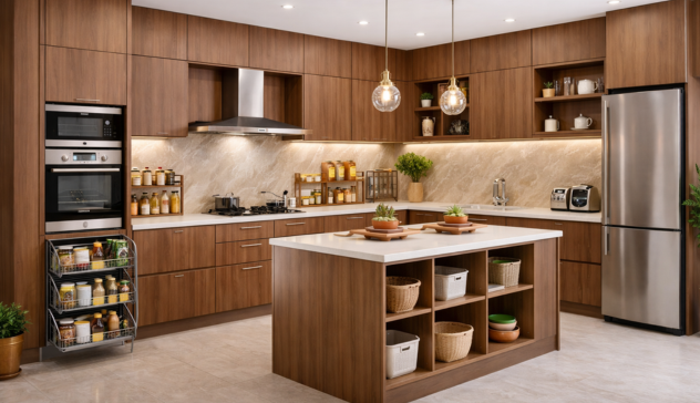 Modular kitchen layout with organized cabinets, pull-out drawers, and efficient storage solutions.
