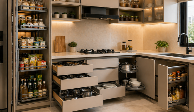 Modular kitchen storage with pull-out drawers, pantry unit, corner carousel, and overhead cabinets