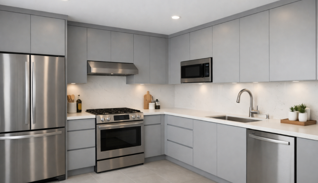 soft gray kitchen cabinets with stainless steel appliances minimal design