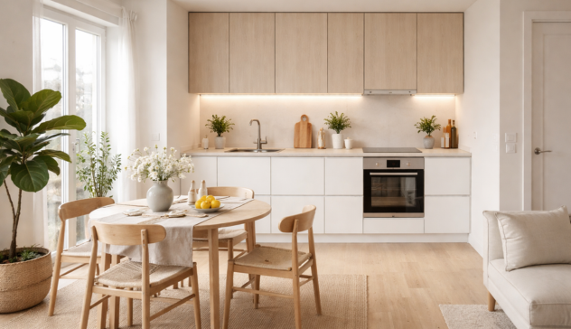 A compact home where a one-wall kitchen keeps the floor open, allowing extra space for dining and seating.