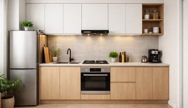 Compact straight modular kitchen with cabinets and appliances arranged along a single wall.