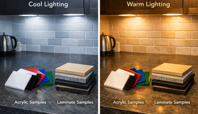 Cabinet finish samples placed near countertop and tiles for comparison