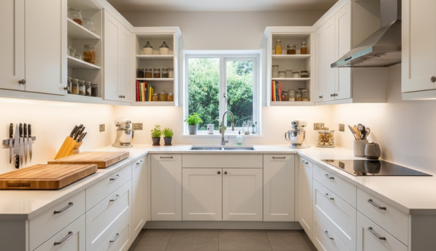 U-Shaped Kitchen Layout with Maximum Counter Space A U-shaped kitchen layout wrapping around three walls to provide generous counter space and storage. Ideal for medium-sized kitchens, this design supports efficient food prep, organized cabinetry, and smooth workflow for frequent home cooking.