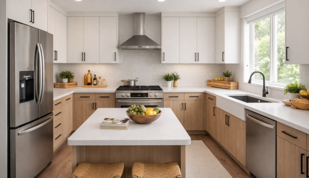 Spacious U-shaped modular kitchen with cabinets on three walls and large countertop workspace.