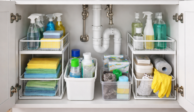 Under-sink cabinet organized with racks and bins around plumbing