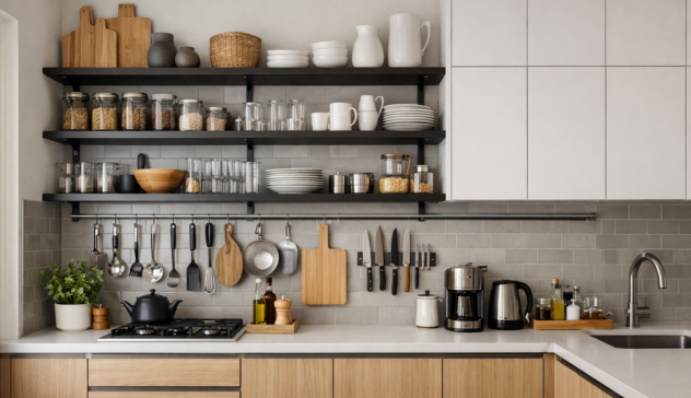 Wall-mounted shelves and tall cabinets maximizing vertical storage.
