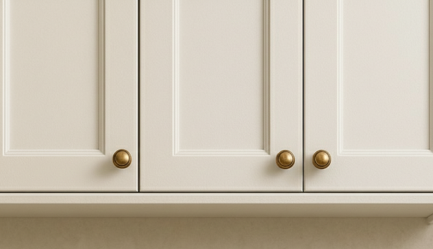 Retro-styled brass knobs, chrome handles, and textured artisan hardware integrated into modern cabinetry.