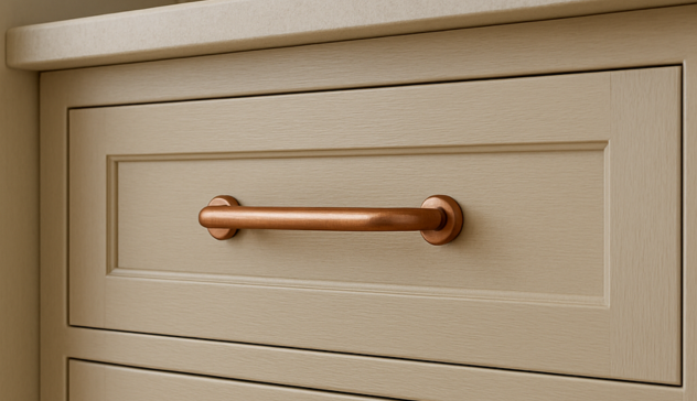 Hand-forged copper handles with developing patina, paired with modern or rustic cabinetry.